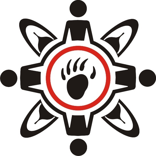 Logo of a bear paw over a circle of four individuals holding hands, created for the Royal Commission on Aboriginal Peoples.