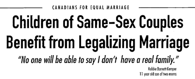 The top of a Canadians for Equal Marriage factsheet entitled "Children of Same-Sex Couples Benefit from Legalizing Marriage." 