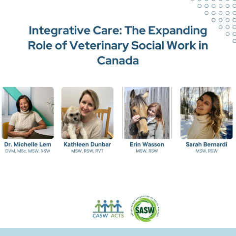 image of 4 presenters, CASW and SASW logos, and the title, 'Integrative Care: The Expanding Role of Veterinary Social Work in Canada'